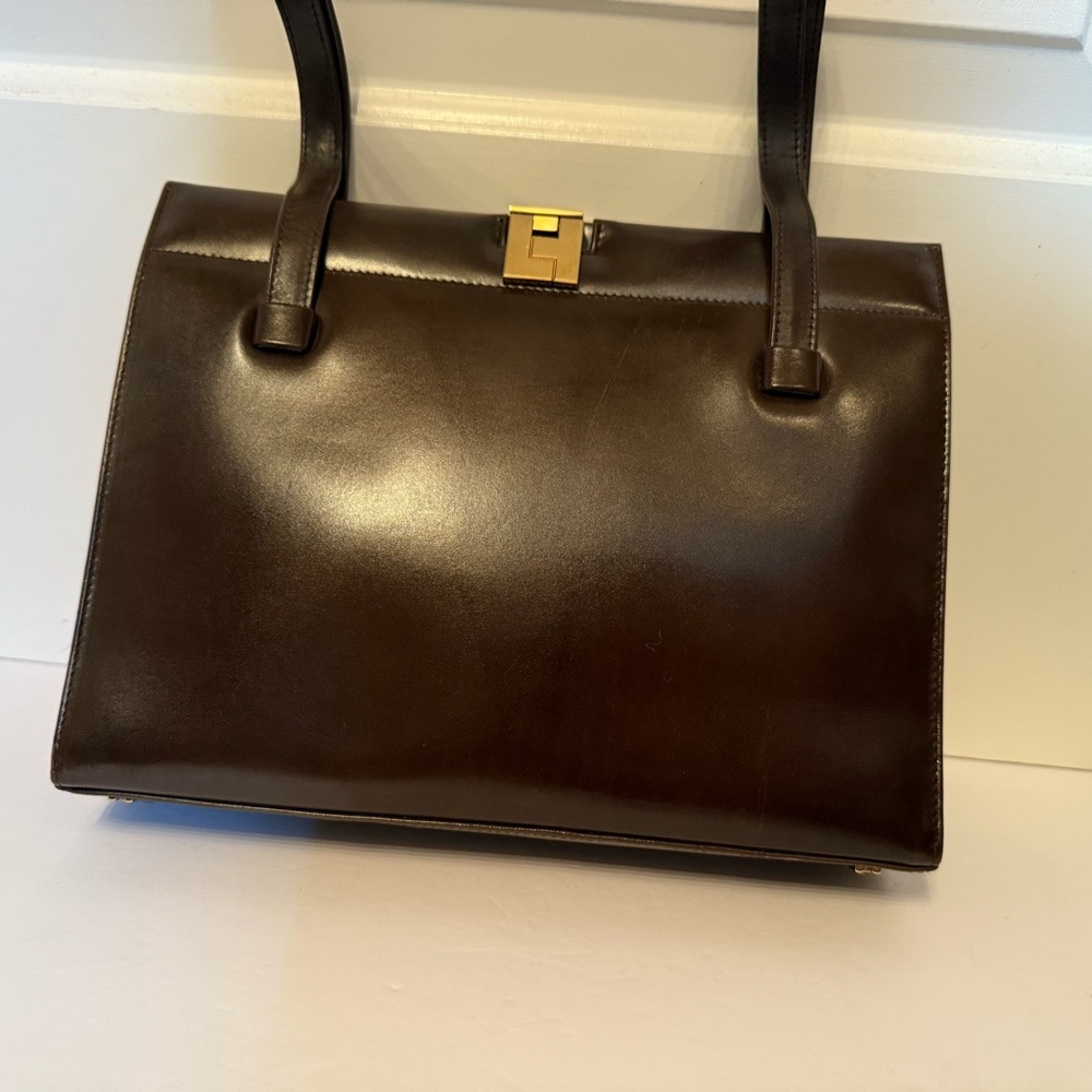 LAMBERTSON TRUEX SHOULDER BAG BROWN LEATHER 2 STRAP GOLD LEVER CLOSE - Picture 2 of 12